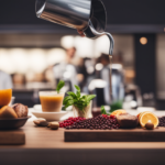 An image featuring a vibrant coffee shop scene: a barista expertly pouring a colorful cold brew with fresh fruits and herbs, customers enjoying their drinks, and a prominent display showcasing coffee beans sourced from sustainable farms