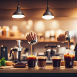 An image featuring a vibrant coffee shop scene: a barista expertly pouring a colorful cold brew with fresh fruits and herbs, customers enjoying their drinks, and a prominent display showcasing coffee beans sourced from sustainable farms