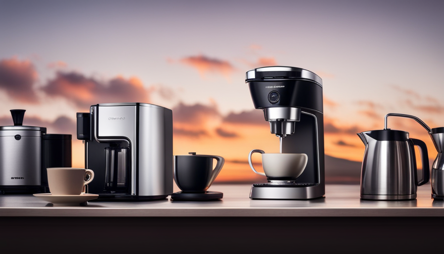 An image showcasing a diverse range of coffee makers, varying in design, size, and price
