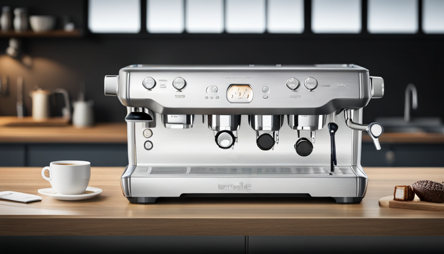 An image showcasing the sleek design of the Breville Barista Pro: a professional-grade espresso machine with a brushed stainless steel body, a vibrant LCD display, and a precision grinder for the perfect grind size