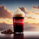 An image that showcases a tall glass filled with rich, dark Coca-Cola infused with aromatic coffee, crowned with a dollop of velvety whipped cream, and adorned with a sprinkle of cocoa powder