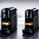  an image of a sleek, black Nespresso Essenza Mini Espresso Machine sitting on a minimalist kitchen countertop