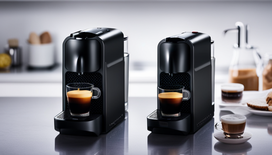 an image of a sleek, black Nespresso Essenza Mini Espresso Machine sitting on a minimalist kitchen countertop