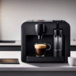  an image of a sleek, black Nespresso Essenza Mini Espresso Machine sitting on a minimalist kitchen countertop