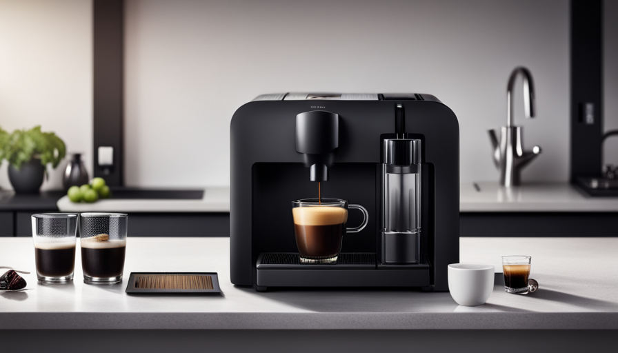 an image of a sleek, black Nespresso Essenza Mini Espresso Machine sitting on a minimalist kitchen countertop