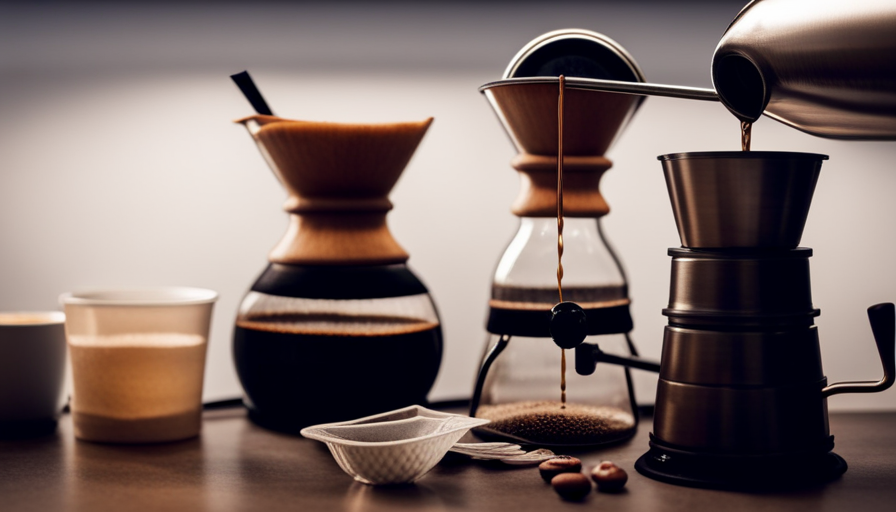 An image showcasing a hand pouring water from a gooseneck kettle into a Chemex coffee maker, with coffee beans cascading down from a grinder, and a French press and AeroPress nearby