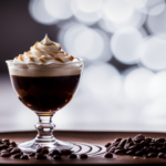 An image capturing a crystal-clear glass filled with rich, dark coffee jelly, elegantly quivering beneath a dollop of velvety whipped cream, crowned with a scattering of delicate coffee beans and drizzled with luscious caramel sauce