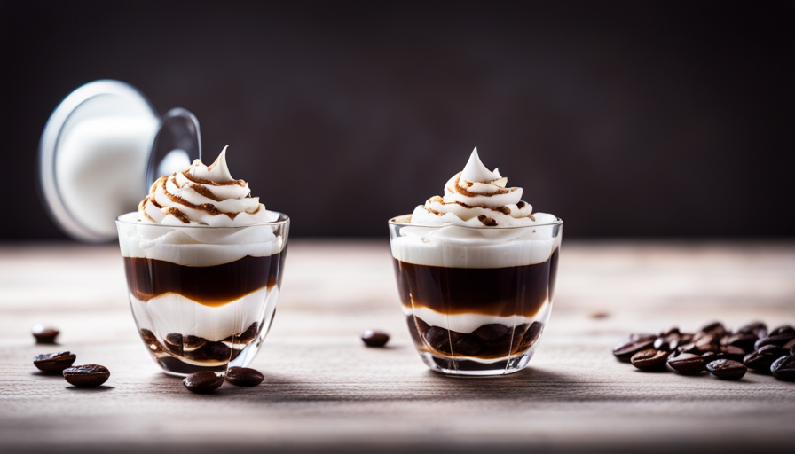 An image capturing a crystal-clear glass filled with rich, dark coffee jelly, elegantly quivering beneath a dollop of velvety whipped cream, crowned with a scattering of delicate coffee beans and drizzled with luscious caramel sauce