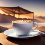 An image showcasing the essence of Lavazza: A rich, aromatic espresso cup adorned with a delicate swirl of creamy foam, set against the backdrop of a vibrant Italian café, exuding a warm, timeless charm
