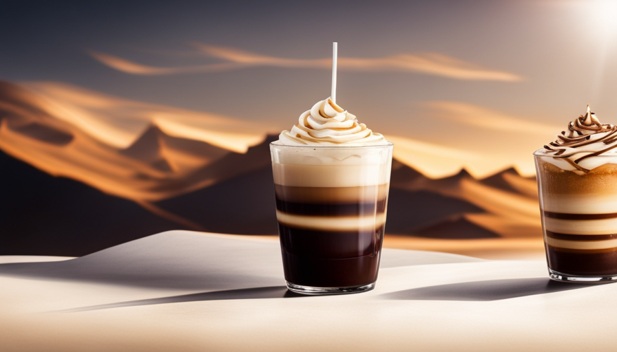 An image showcasing a vibrant array of Starbucks latte flavors: an indulgent caramel macchiato adorned with velvety foam, a rich mocha latte topped with chocolate drizzle, and a refreshing vanilla latte sprinkled with delicate vanilla beans