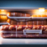 An image showcasing a perfectly sealed package of raw sausages stored in a refrigerator