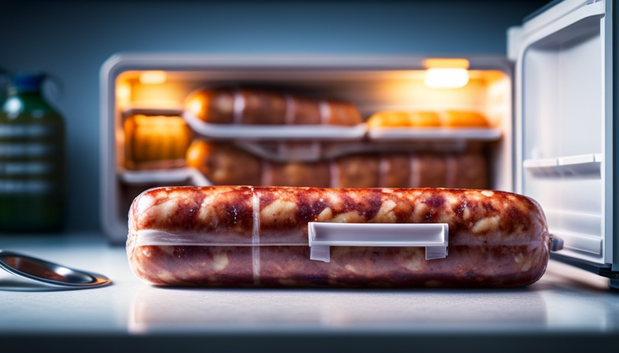 An image showcasing a perfectly sealed package of raw sausages stored in a refrigerator