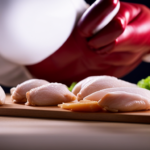 An image showing a clean kitchen countertop with a cutting board, a raw chicken, and a pair of gloved hands