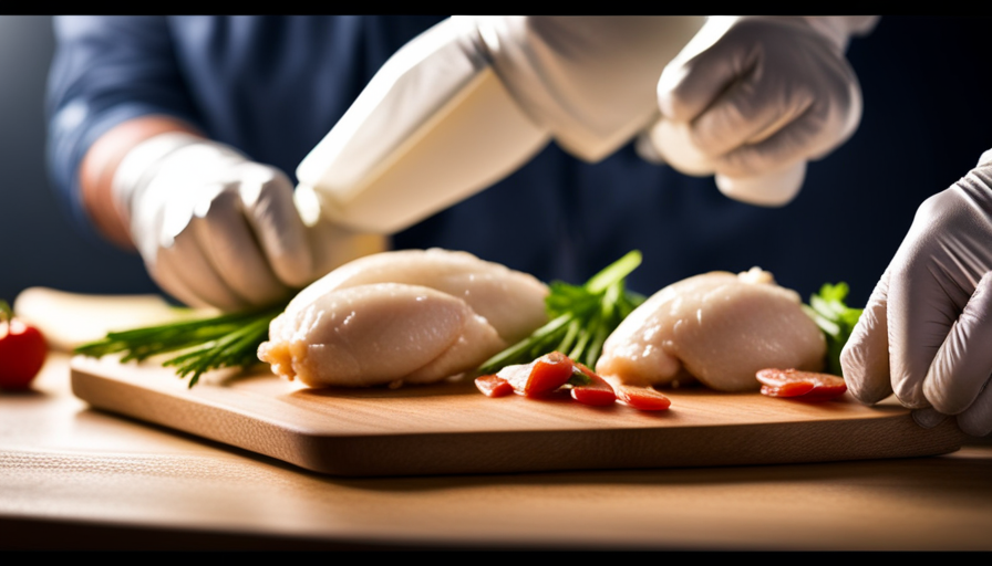 An image showing a clean kitchen countertop with a cutting board, a raw chicken, and a pair of gloved hands