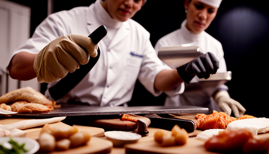 An image depicting a food service worker wearing gloves and using separate cutting boards to handle cooked and raw poultry
