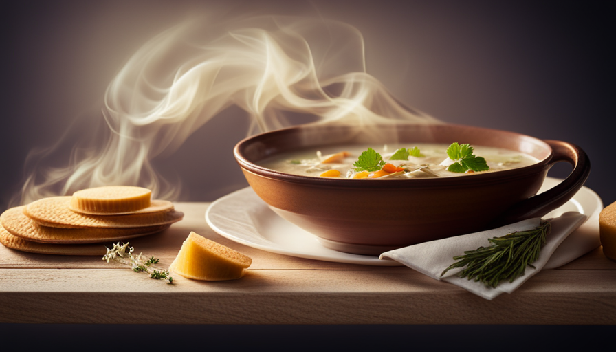 An image that portrays a soothing scene of a steaming bowl of homemade chicken soup, gently wafting steam scented with herbs, accompanied by a cup of chamomile tea and a plate of freshly baked saltine crackers
