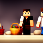 An image showcasing two Minecraft characters; one holding a basket filled with an assortment of raw food items, and the other holding a smaller basket filled with an assortment of cooked food items, highlighting the contrasting quantities
