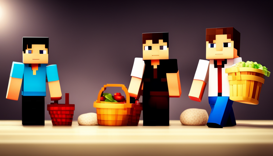 An image showcasing two Minecraft characters; one holding a basket filled with an assortment of raw food items, and the other holding a smaller basket filled with an assortment of cooked food items, highlighting the contrasting quantities