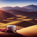 An image showcasing the journey of coffee, starting with a lush coffee plantation under a golden sunrise, followed by hand-picked ripe cherries, precise roasting, and ending with a steaming cup of aromatic coffee