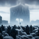 An image showcasing a desolate, icy landscape with survivors huddled around a towering frozen storage facility, desperately searching for scraps of raw food amidst the chilling winds, their gaunt faces reflecting their struggle for sustenance in Frostpunk