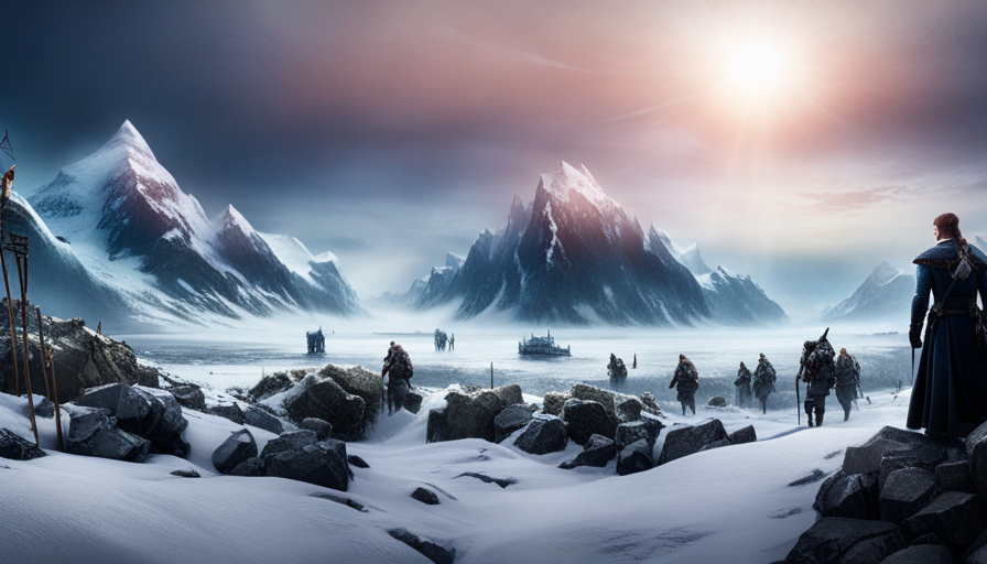 An image capturing the frozen wasteland of Frostpunk, with a close-up of resourceful survivors hunting wild animals, foraging for edible plants, and setting up advanced hunting outposts amidst the icy landscape