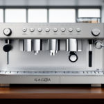 An image showcasing the sleek, stainless steel exterior of the Gaggia Brera espresso machine, with its built-in grinder prominently displayed