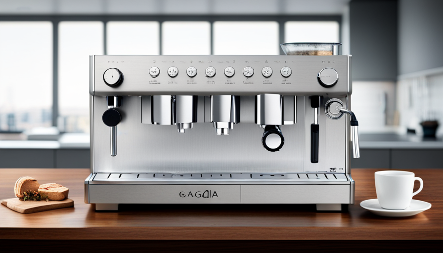 An image showcasing the sleek, stainless steel exterior of the Gaggia Brera espresso machine, with its built-in grinder prominently displayed