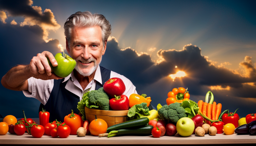 An image showcasing a man with vibrant, glowing skin, radiating health and vitality, as he joyfully consumes a colorful array of freshly picked fruits and vegetables, embodying his commitment to a raw food diet