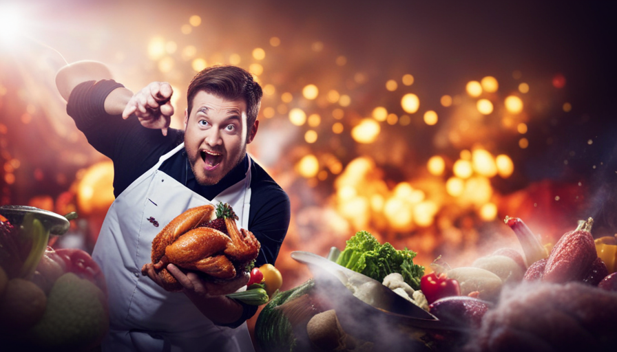 An image of a guy wearing a chef's apron, gleefully tossing a raw chicken into the air while surrounded by a chaotic explosion of colorful ingredients, including vibrant vegetables, herbs, and spices