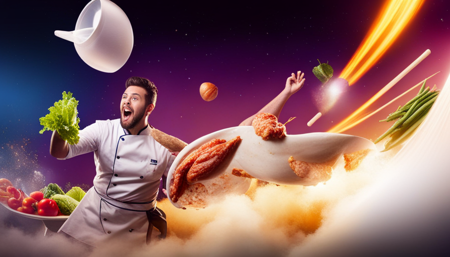 An image of a guy wearing a chef's apron, gleefully tossing a raw chicken into the air while surrounded by a chaotic explosion of colorful ingredients, including vibrant vegetables, herbs, and spices