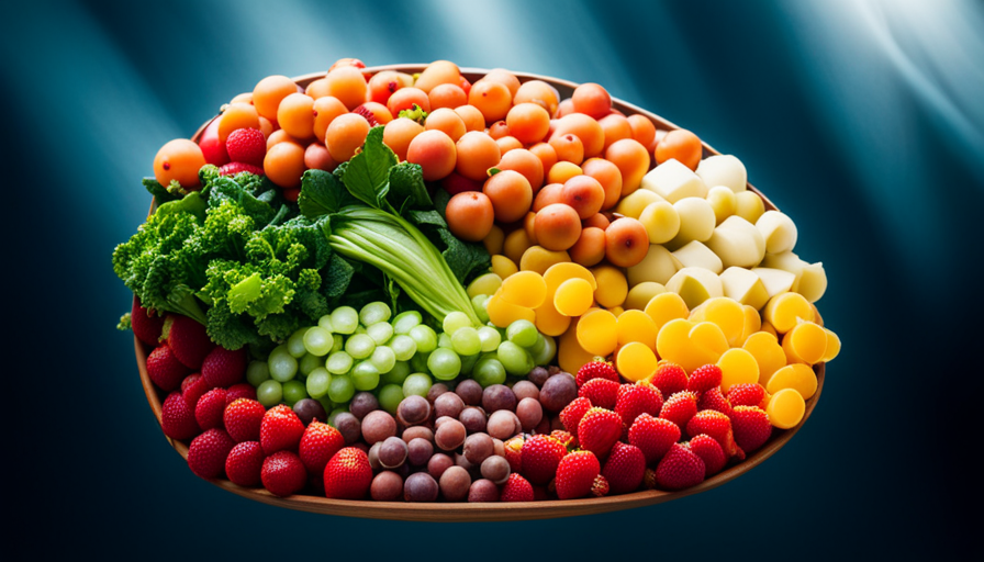 An image showcasing a vibrant plate filled with colorful fruits, leafy greens, and wholesome seeds
