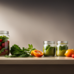 An image showcasing a modern, minimalist kitchen countertop with an open, transparent glass jar filled with vibrant, fresh fruits and vegetables