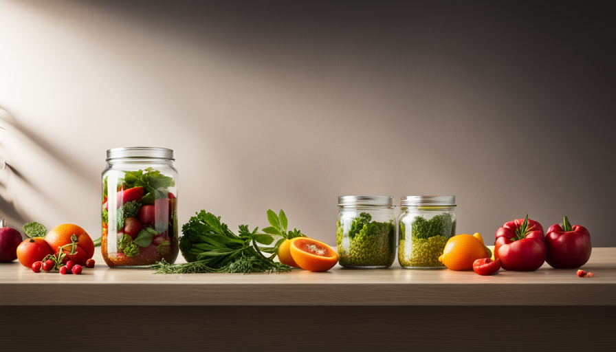 An image showcasing a modern, minimalist kitchen countertop with an open, transparent glass jar filled with vibrant, fresh fruits and vegetables