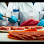 An image showcasing a food handler wearing disposable gloves, using separate cutting boards for raw meat and ready-to-eat food, and using color-coded utensils to prevent cross-contamination