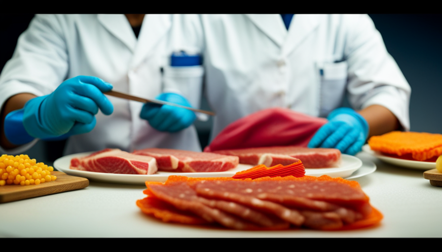 An image showcasing a food handler wearing disposable gloves, using separate cutting boards for raw meat and ready-to-eat food, and using color-coded utensils to prevent cross-contamination