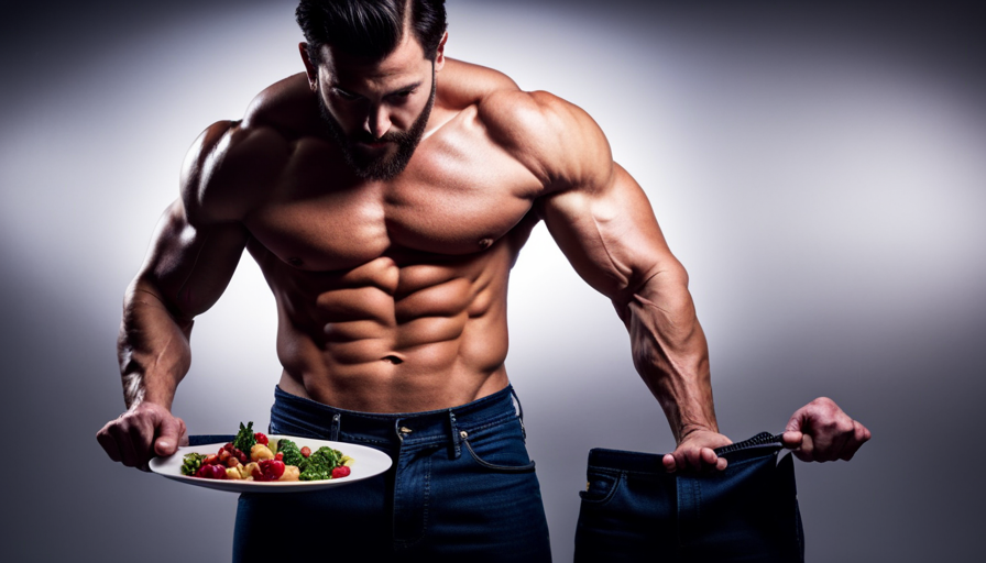 An image showcasing a muscular man with a plate full of vibrant, nutrient-dense fruits, vegetables, and nuts