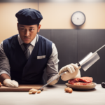 An image showcasing a food handler wearing gloves and using separate cutting boards and utensils for raw animal foods
