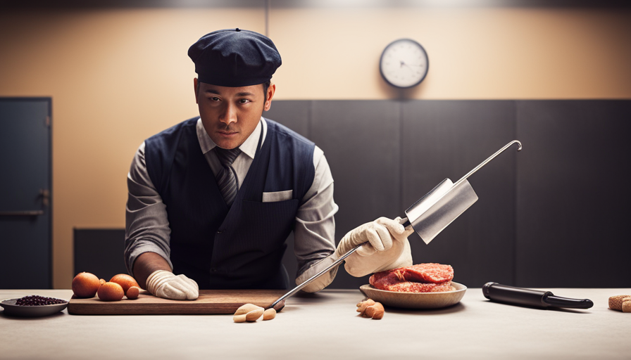 An image showcasing a food handler wearing gloves and using separate cutting boards and utensils for raw animal foods