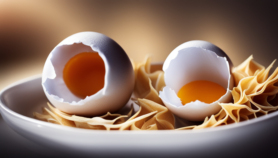 An image showcasing a close-up of a cracked eggshell, revealing a runny, uncooked egg yolk, surrounded by a collection of common symptoms of food poisoning: nausea, vomiting, stomach cramps, and fever