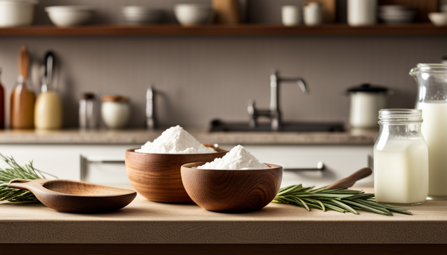 An image showcasing a rustic kitchen scene with a wooden countertop