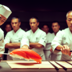 An image capturing the essence of Japanese culinary expertise: a traditional sushi bar with impeccably fresh, vibrant sashimi