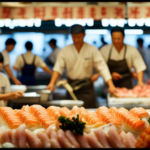 An image capturing the vibrant essence of a bustling Tokyo fish market, with rows of meticulously arranged glistening sushi, sashimi, and fresh seafood, offering a visual feast that showcases Japan's love for raw cuisine
