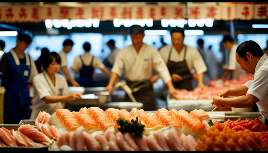 An image capturing the vibrant essence of a bustling Tokyo fish market, with rows of meticulously arranged glistening sushi, sashimi, and fresh seafood, offering a visual feast that showcases Japan's love for raw cuisine