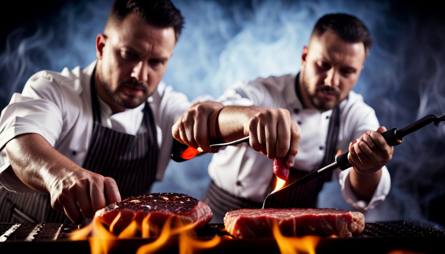 An image that showcases a chef using a kitchen torch to sear the surface of raw meat, emitting a burst of flames, effectively killing harmful bacteria while adding a touch of visual drama