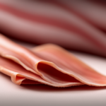 An image capturing a close-up shot of a raw bacon strip, showcasing its pale pink color, translucent appearance, and soft, pliable texture