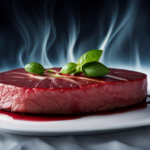 An image showcasing a raw steak on a pristine plate, surrounded by a gloomy atmosphere