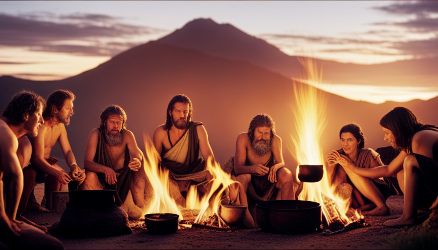 An image that depicts early humans huddled around a crackling fire, their faces illuminated by its warm glow