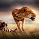 Ate a blog post on animals eating raw food with a vibrant image showcasing a lioness gracefully tearing into a freshly caught zebra, her powerful jaws locking around its neck, while blood splatters the savannah grass