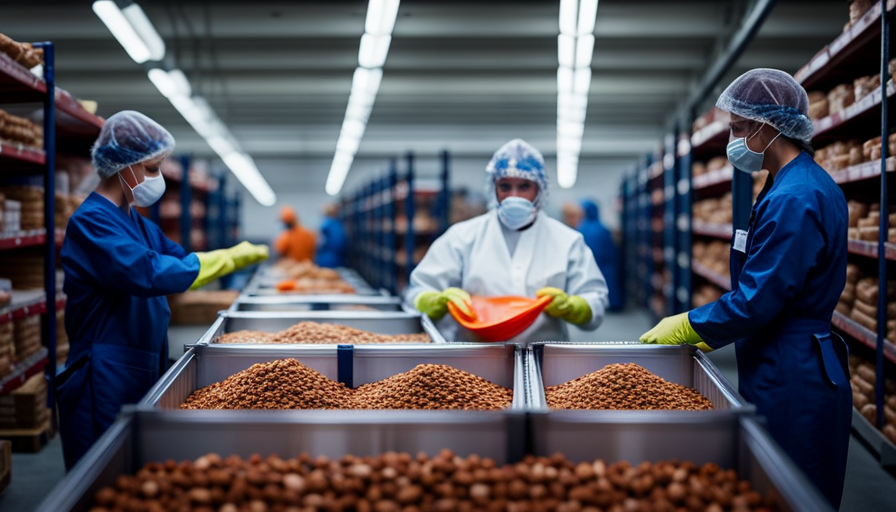 An image showcasing a bustling warehouse filled with neatly stacked shelves of raw pet food products, as workers in protective gear carefully package and label the nutritious meals for distribution