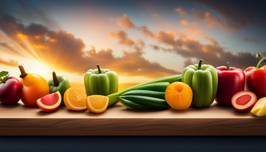 An image featuring an array of vibrant, fresh fruits and vegetables meticulously arranged on a wooden cutting board